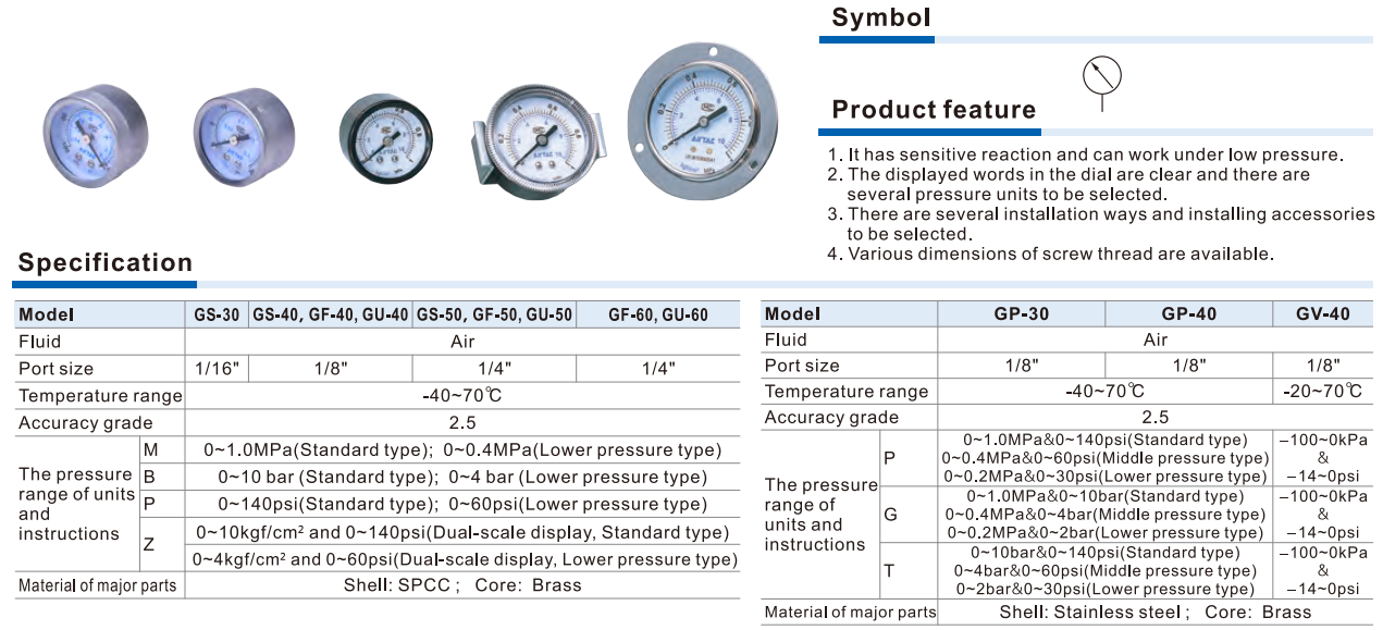 Đồng Hồ Áp Suất Khí Nén AIRTAC GS GF GU GP GV Series – Pressure Gauge Công Nghiệp Độ Chính Xác Cao